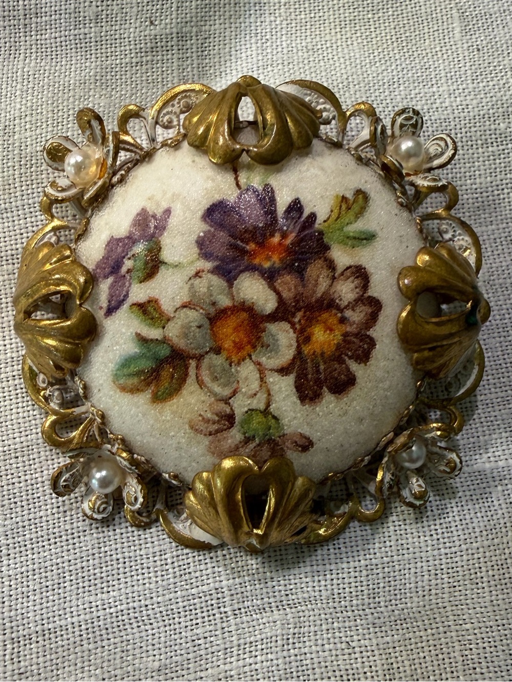 Vintage Made in Germany Floral Brooch Gold Filigree Faux Pearl Mid Century Pin